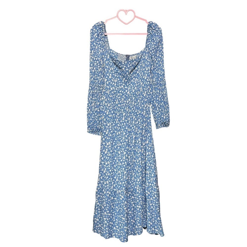 Reformation Mica Floral Print Midi Dress Long Sleeve Square Neck Blue 0 Feminine - Picture 2 of 10